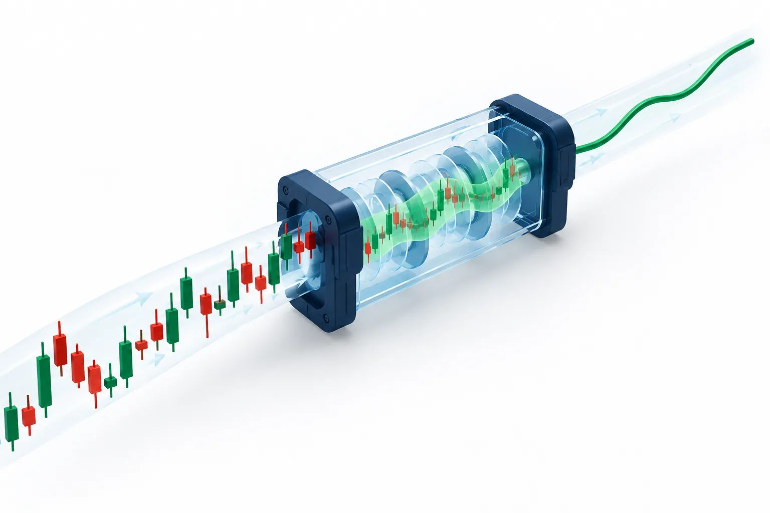 Candles passing through a calculation chamber to become a smooth moving average overlay