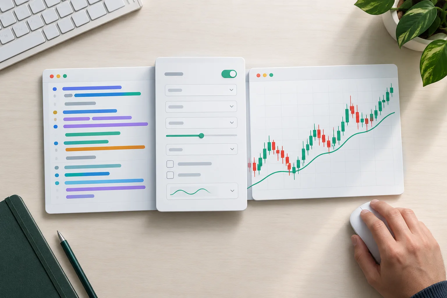 Desk with editor, settings and chart panels showing the steps to build a first TradingView indicator