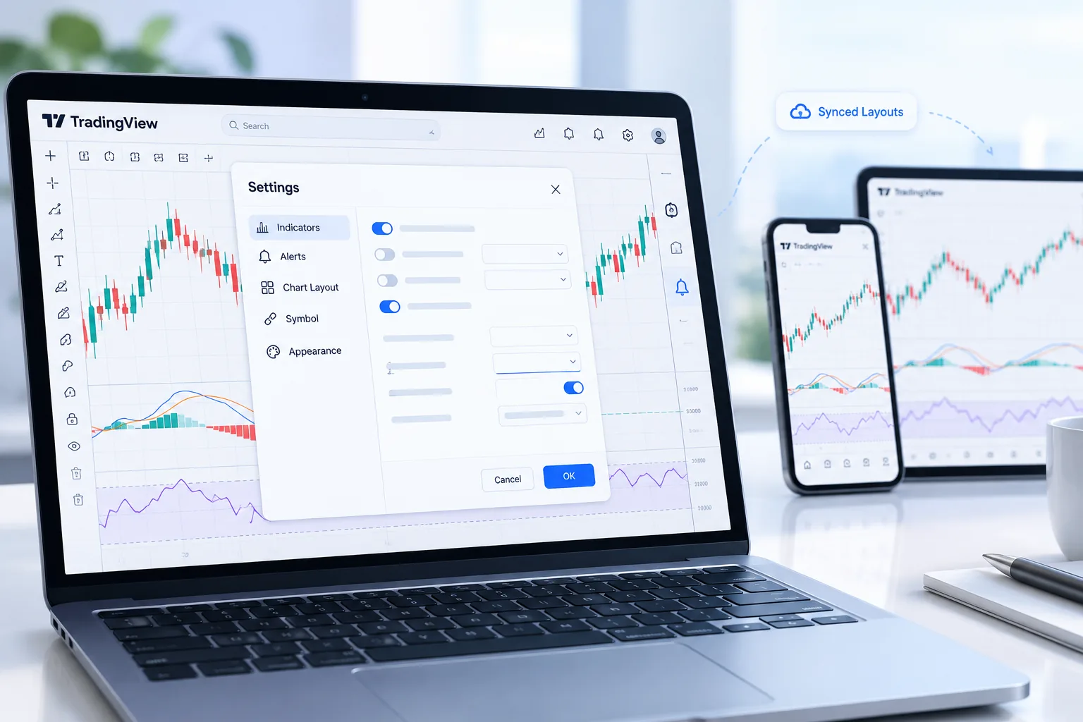 TradingView chart settings panel with indicators and alerts synced across laptop, phone and tablet