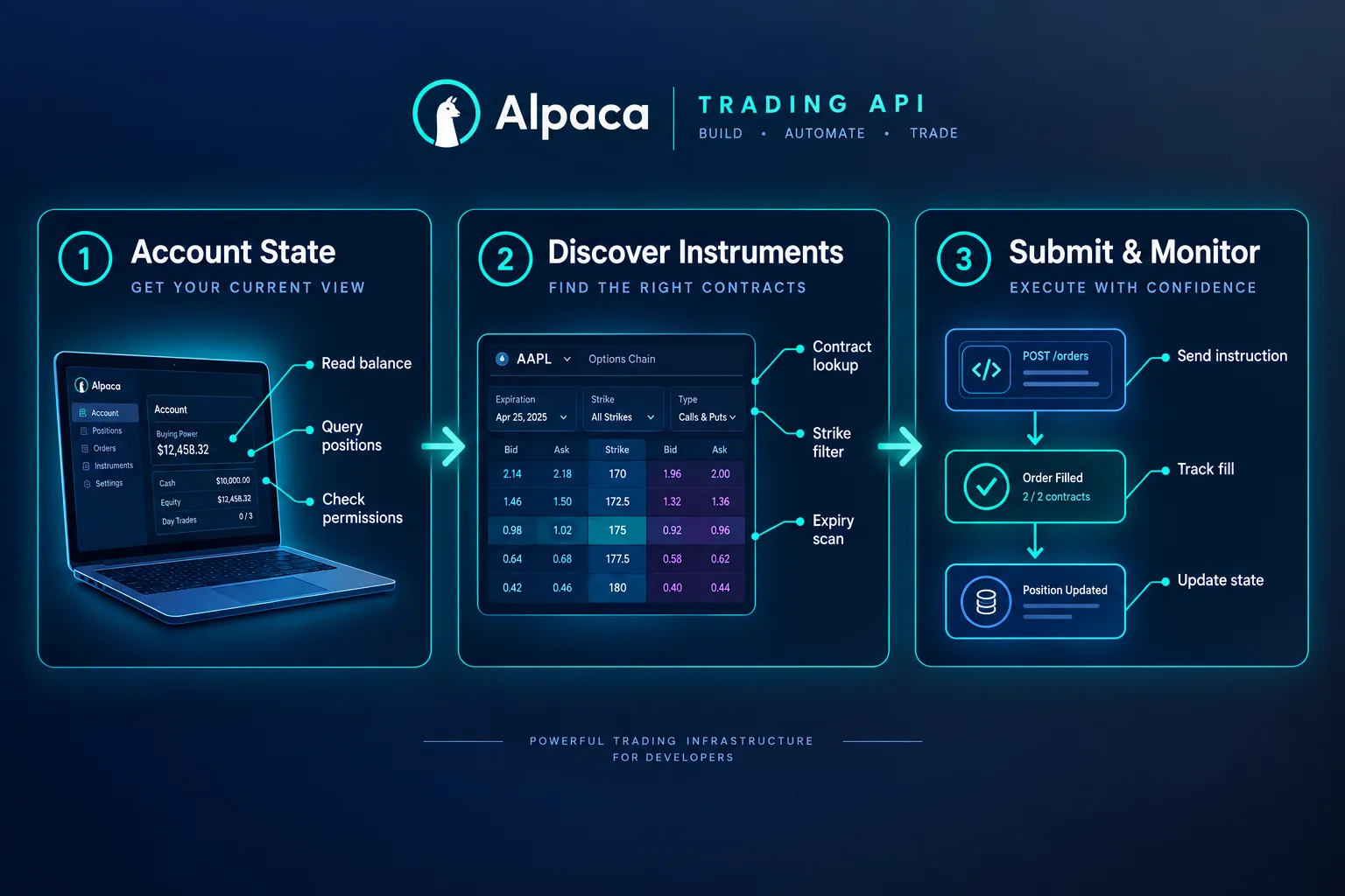 Three-panel Alpaca API workflow: account state, discover option contracts, submit and monitor orders
