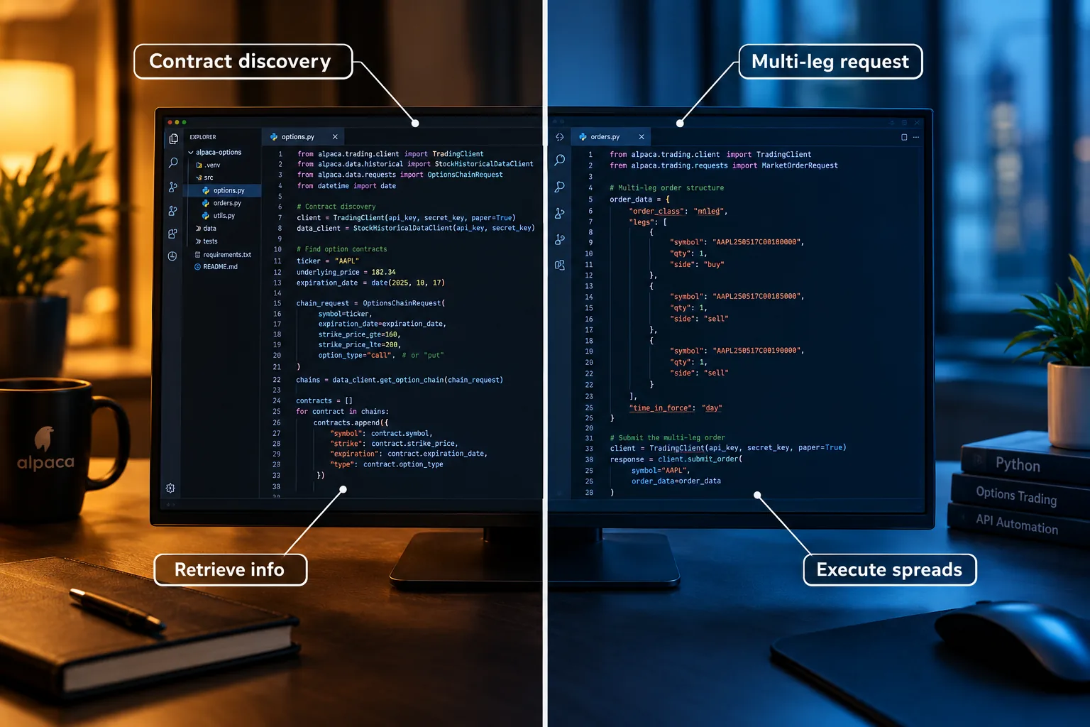 Split screen of Python code for options contract discovery and a multi-leg order request