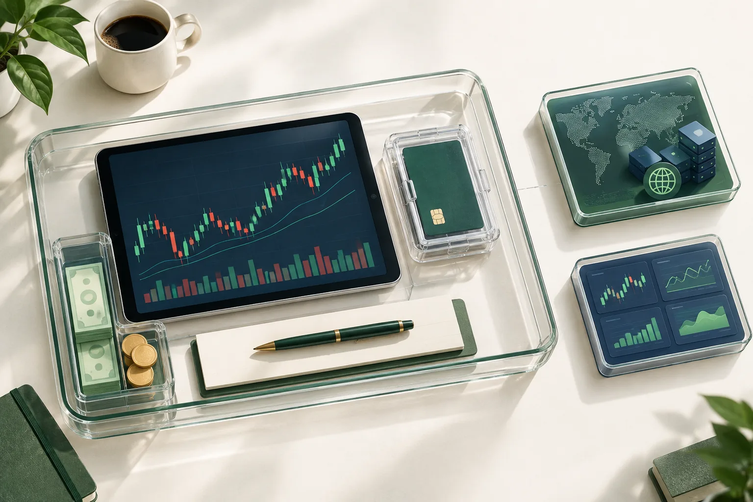 Practice workspace with virtual money tray and paid add-on modules kept outside the free core