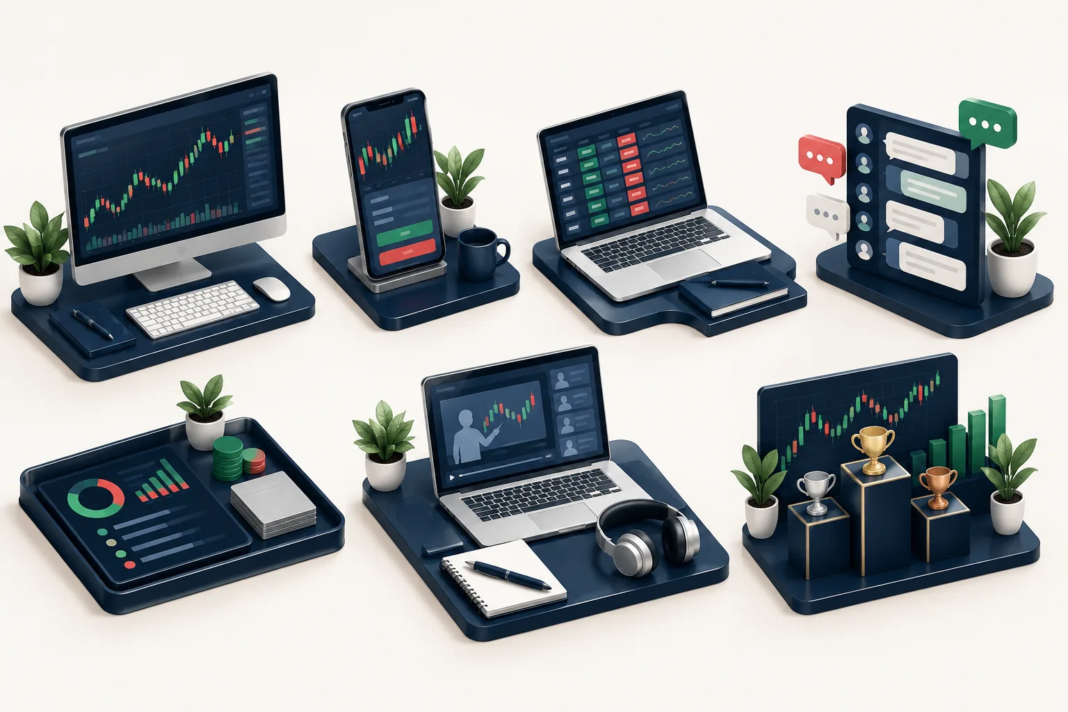 Seven miniature practice stations comparing free paper trading apps