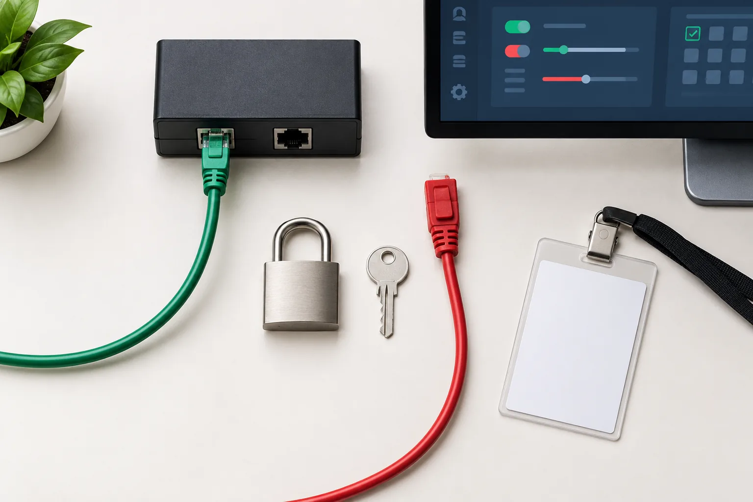 Overhead still life of socket connector and separate green paper and capped red live cable routes