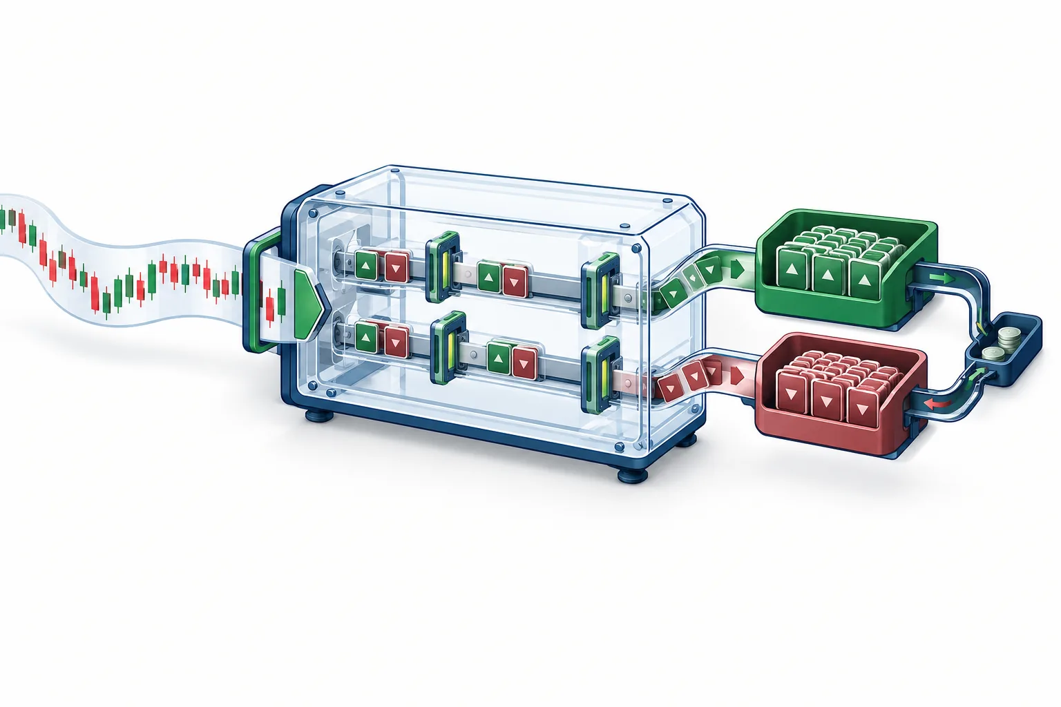 Diagram of historical data running through an options backtest with fees deducted from winning and losing trades
