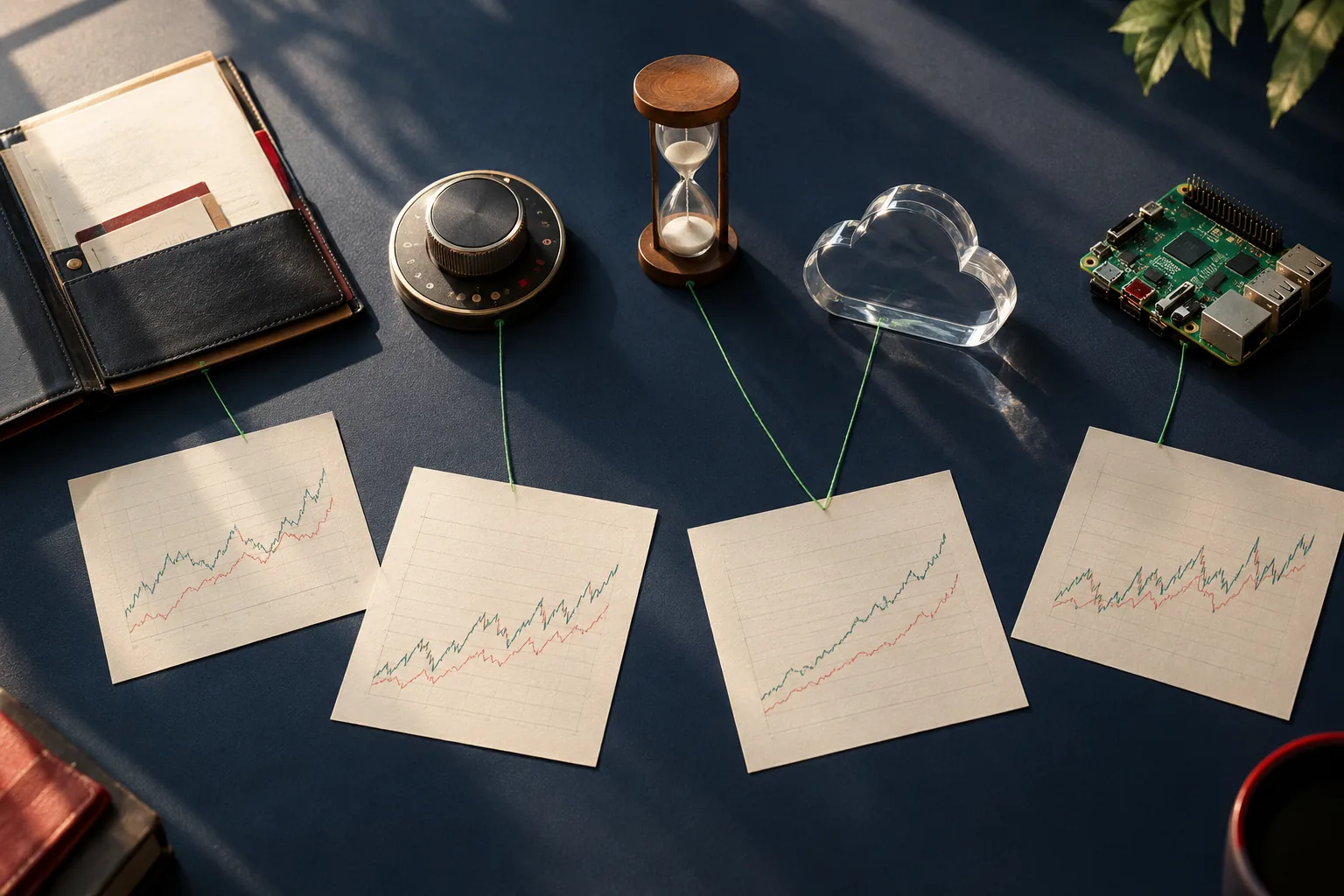 Objects symbolizing broker access, replay, trials, cloud research and open-source engines for free options backtesting