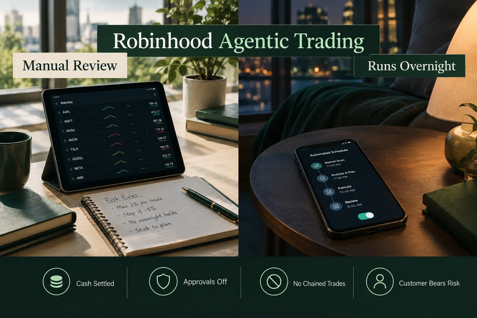 Manual trade review by day versus an AI agent schedule running overnight, with cash settled and risk icons