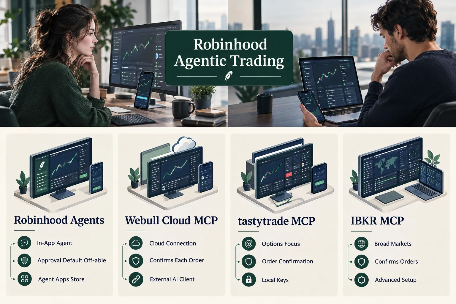 Robinhood Agents compared with Webull Cloud MCP, tastytrade MCP and IBKR MCP setups
