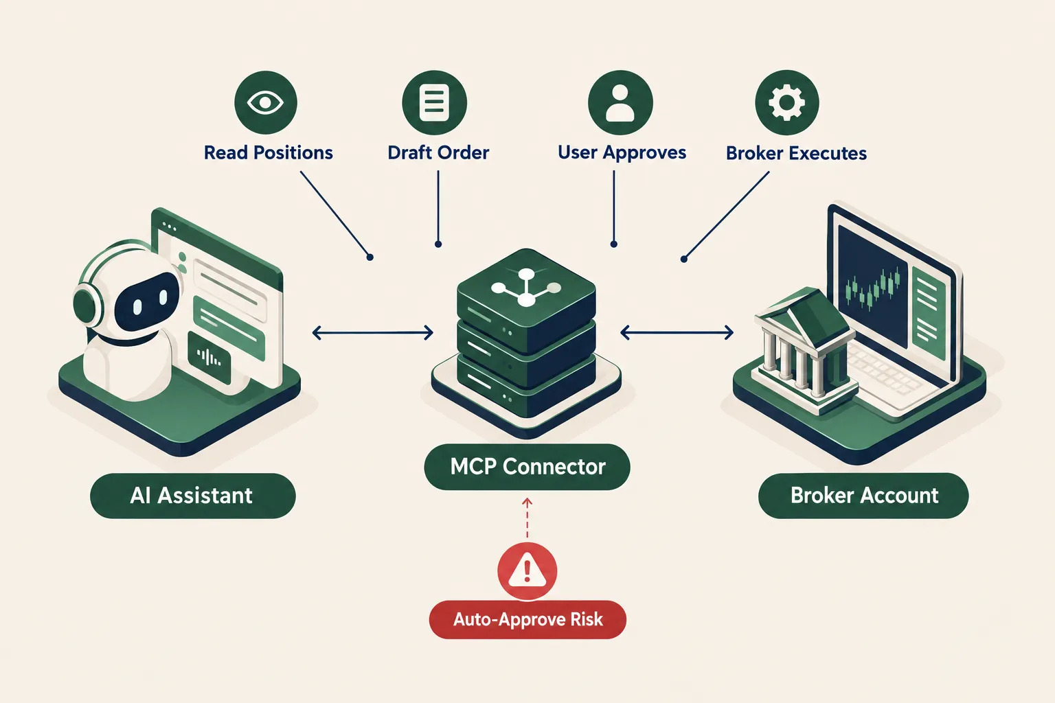 Flow diagram of an AI assistant connecting to a broker account through an MCP connector with user approval step