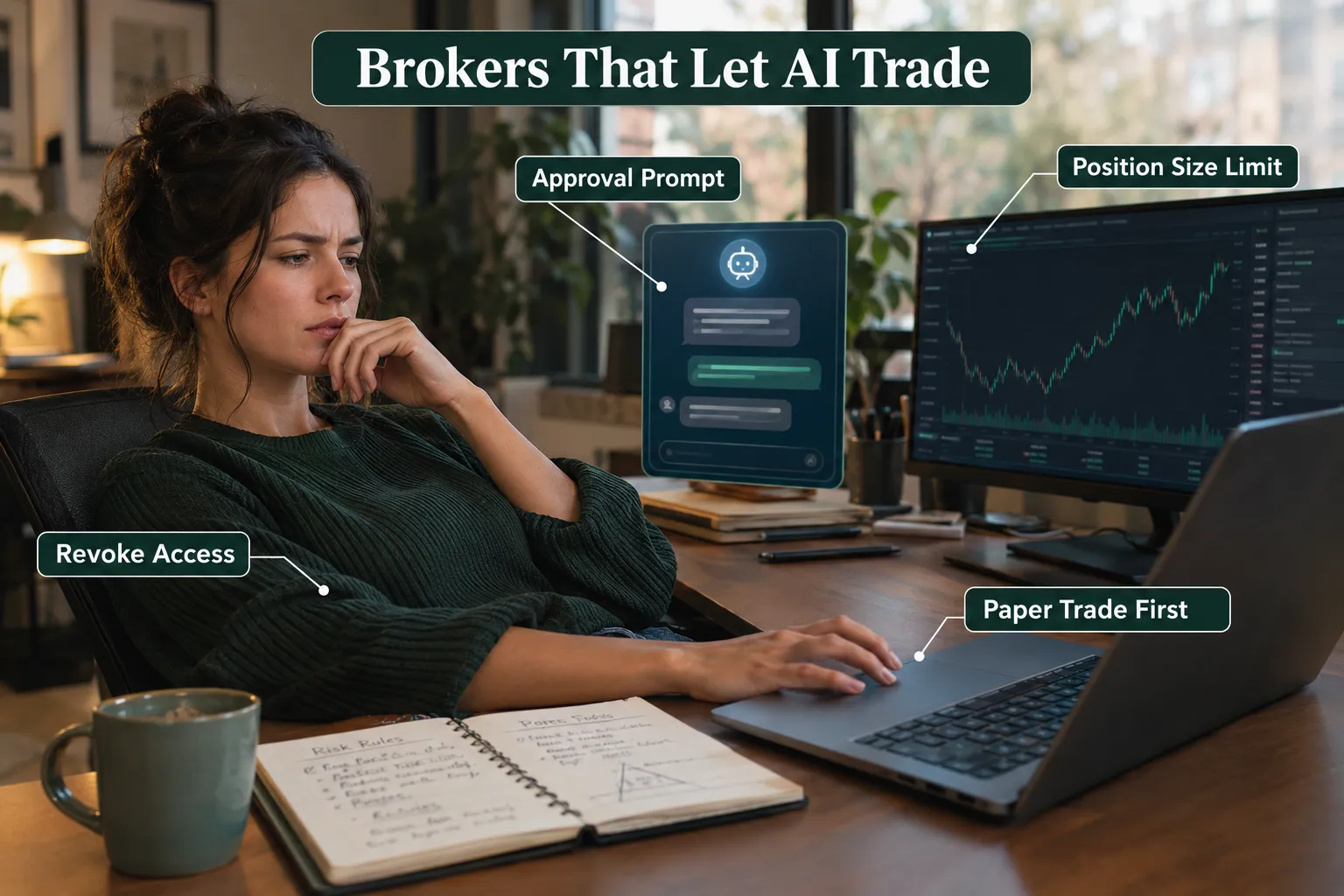 Trader with laptop and notebook, with callouts for approval prompt, position size limit, revoke access and paper trade first