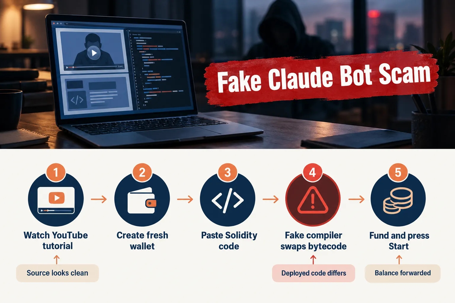 Five steps of the fake Claude bot scam: watch tutorial, create wallet, paste code, fake compiler swaps bytecode, fund and press Start