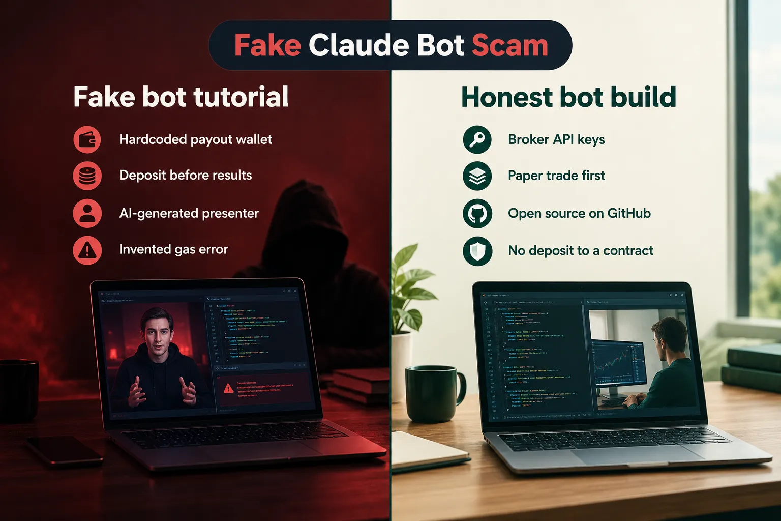 Fake bot tutorial red flags compared with an honest bot build using broker API keys and paper trading