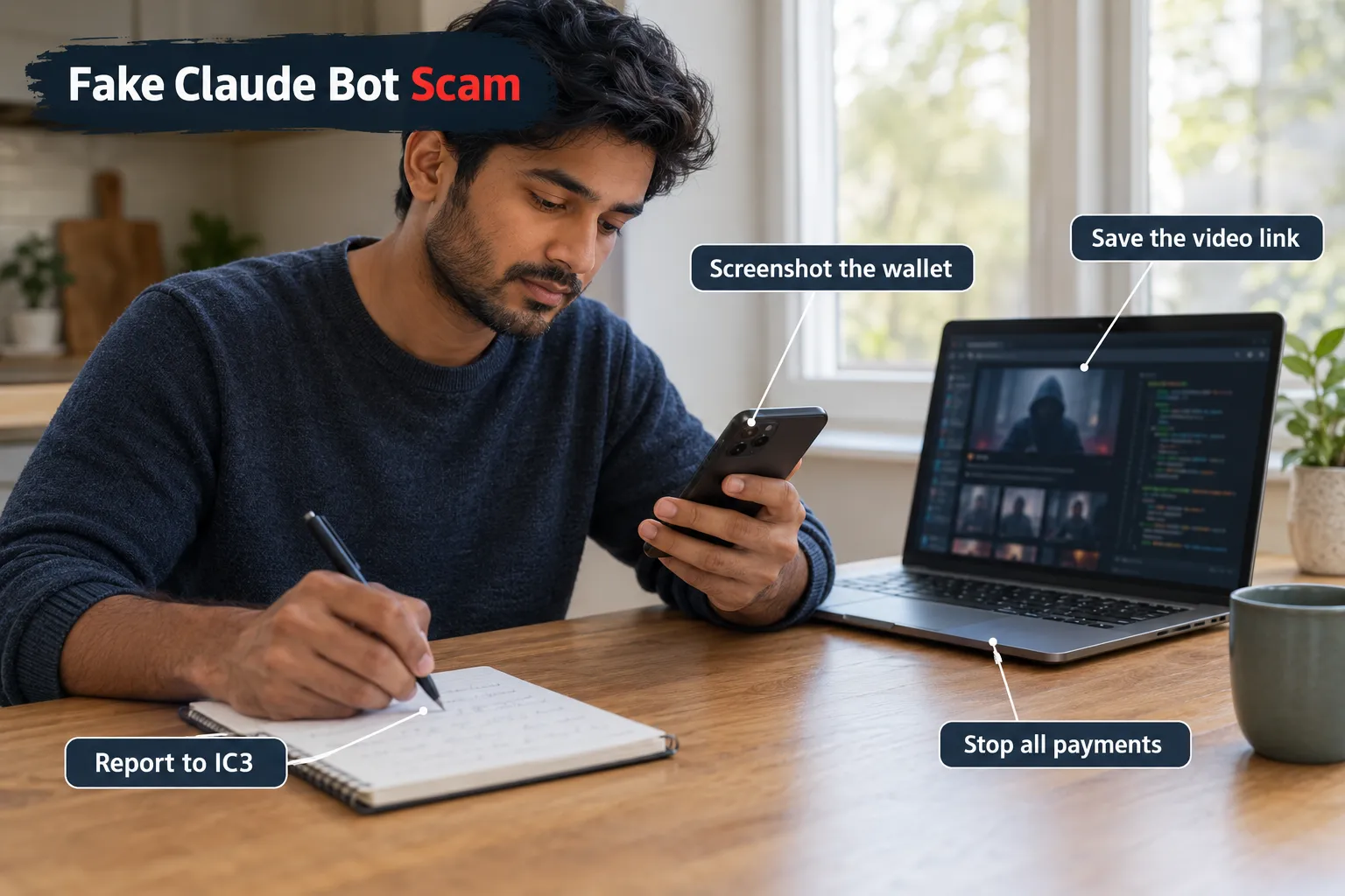 Scam victim documenting evidence with callouts to screenshot the wallet, save the video link, stop payments and report to IC3