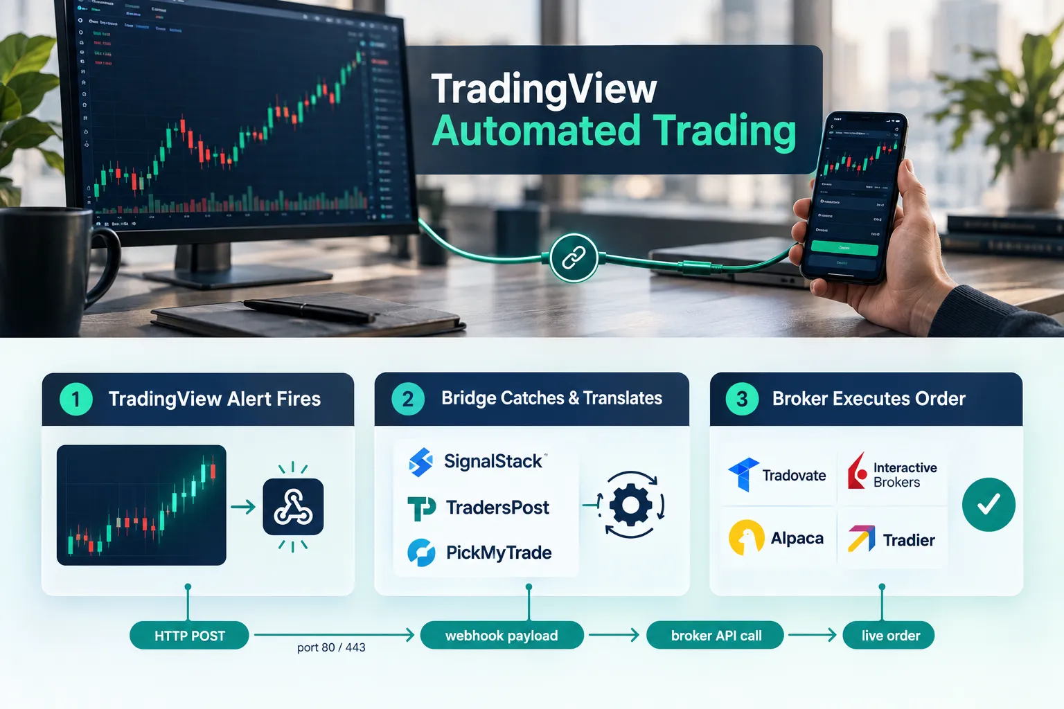 Three-step flow: TradingView alert fires, a bridge translates the webhook, the broker executes the order