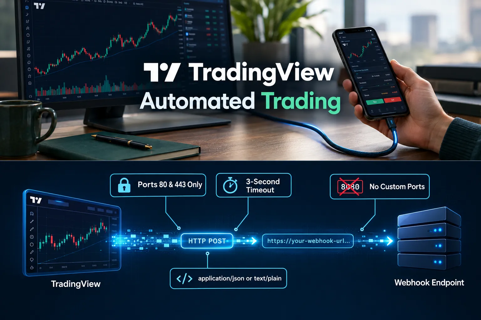 TradingView webhook constraints: ports 80 and 443 only, a 3-second timeout, and an HTTP POST to the webhook endpoint