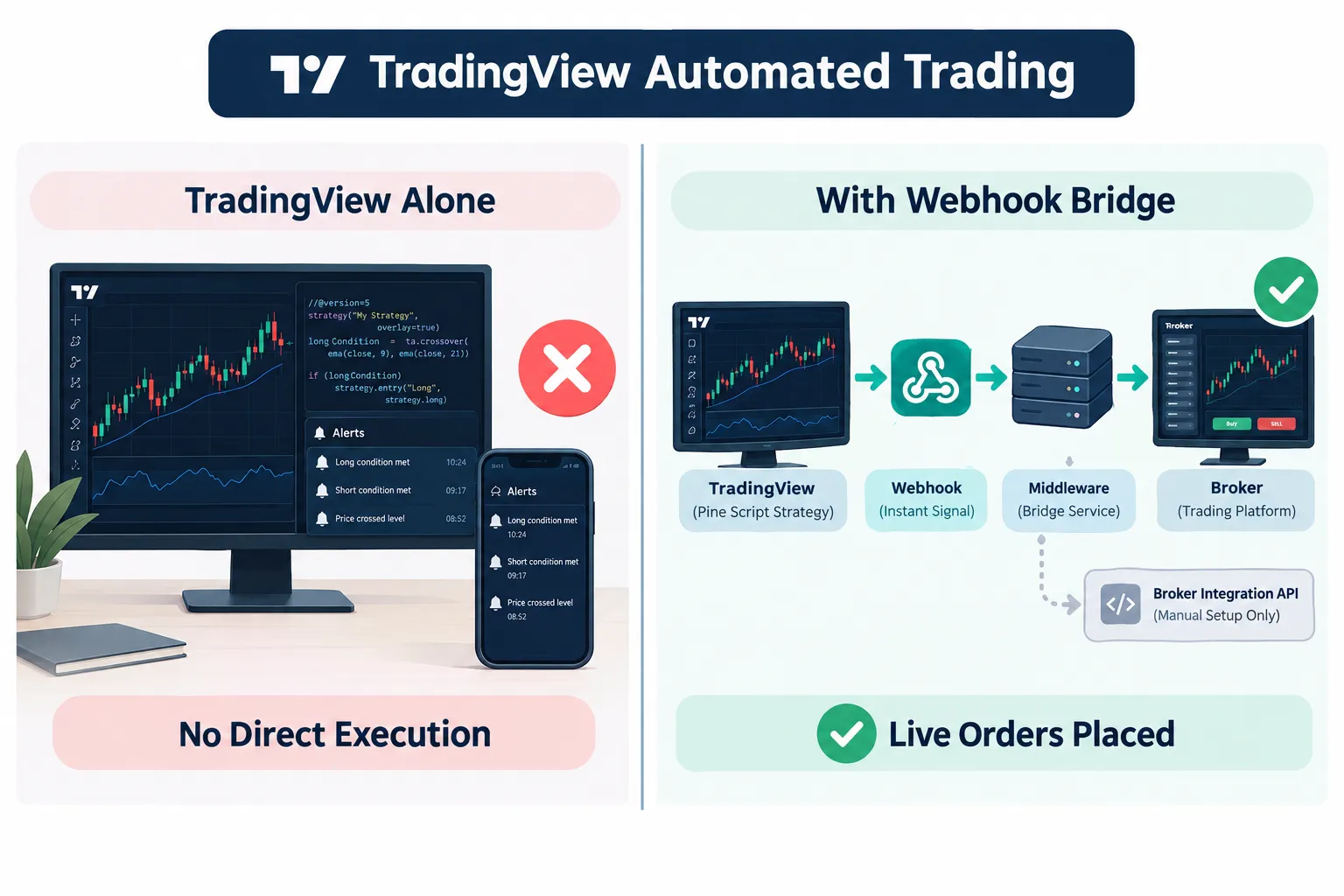 TradingView alone cannot execute orders, while a webhook bridge carries the signal through to live broker orders