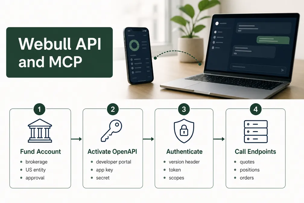 Four Webull OpenAPI setup steps: fund the account, activate OpenAPI, authenticate, call endpoints