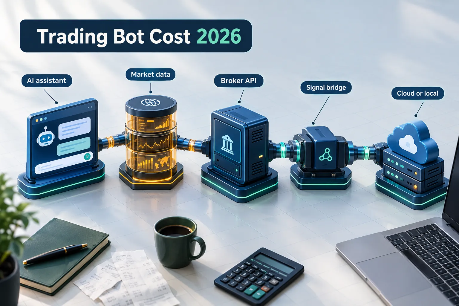 Five layers of a trading bot stack: AI assistant, market data, broker API, signal bridge, cloud or local hosting