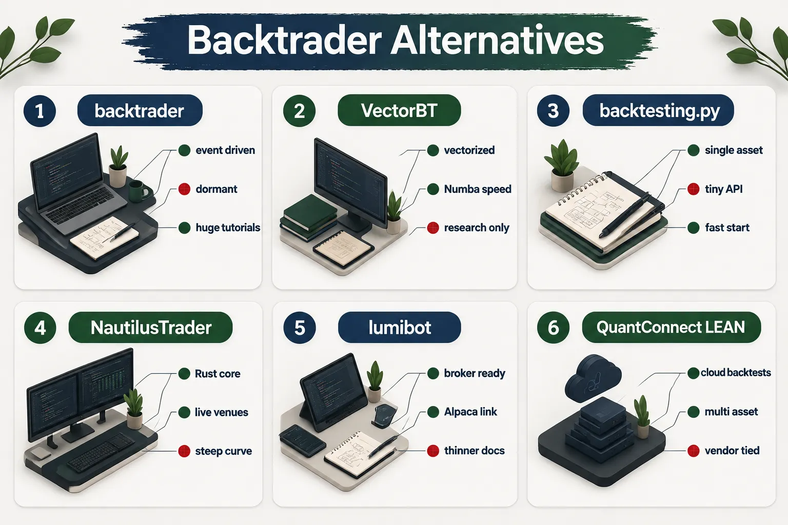 Six Python backtesting libraries compared: backtrader, VectorBT, backtesting.py, NautilusTrader, lumibot and QuantConnect LEAN