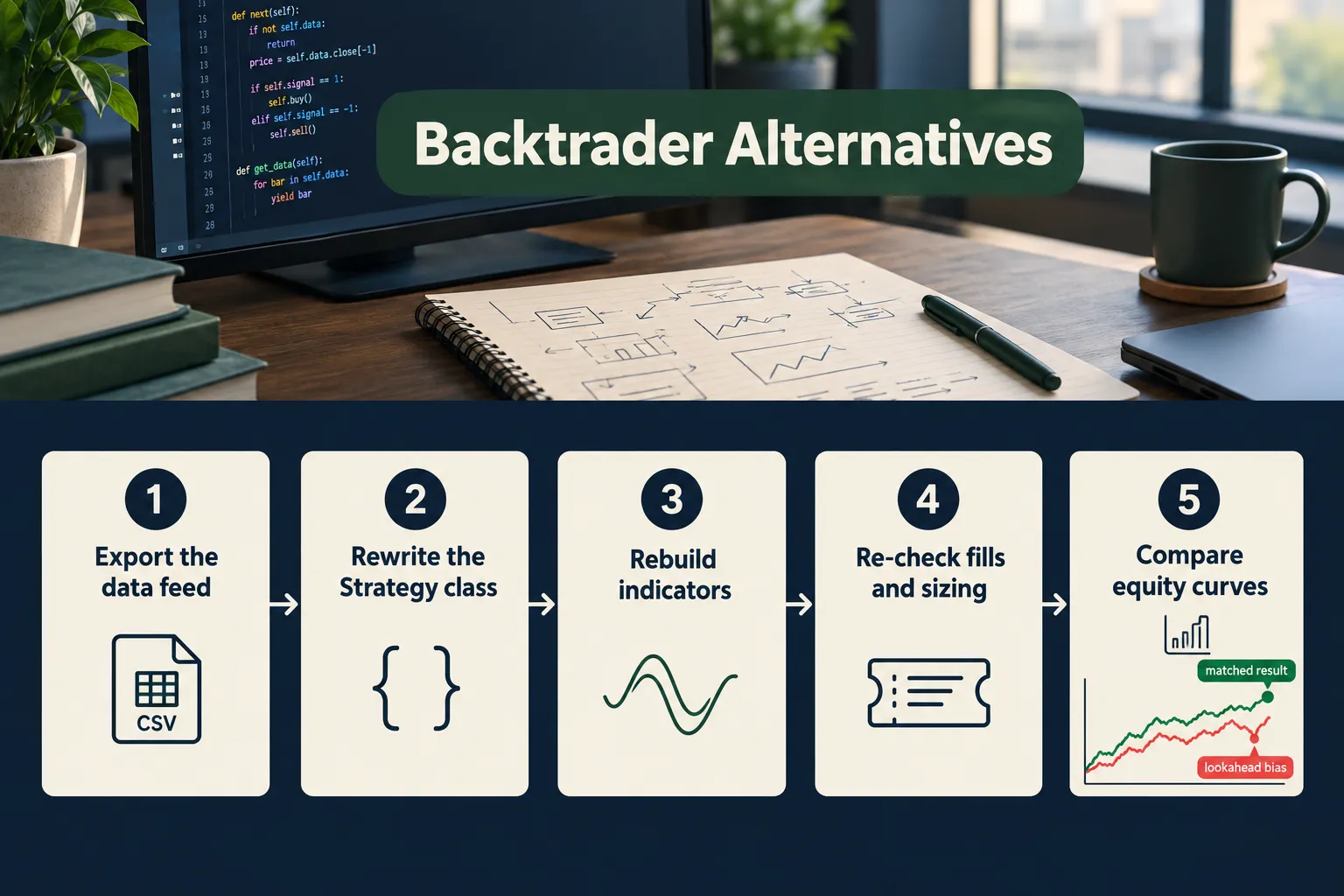 Five step backtrader migration: export the data feed, rewrite the strategy class, rebuild indicators, recheck fills and compare equity curves