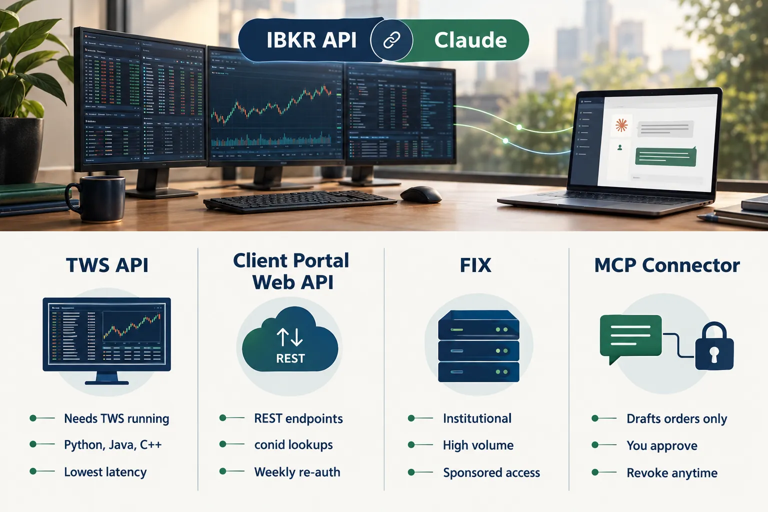 Four ways into Interactive Brokers: TWS API, Client Portal Web API, FIX and the MCP connector