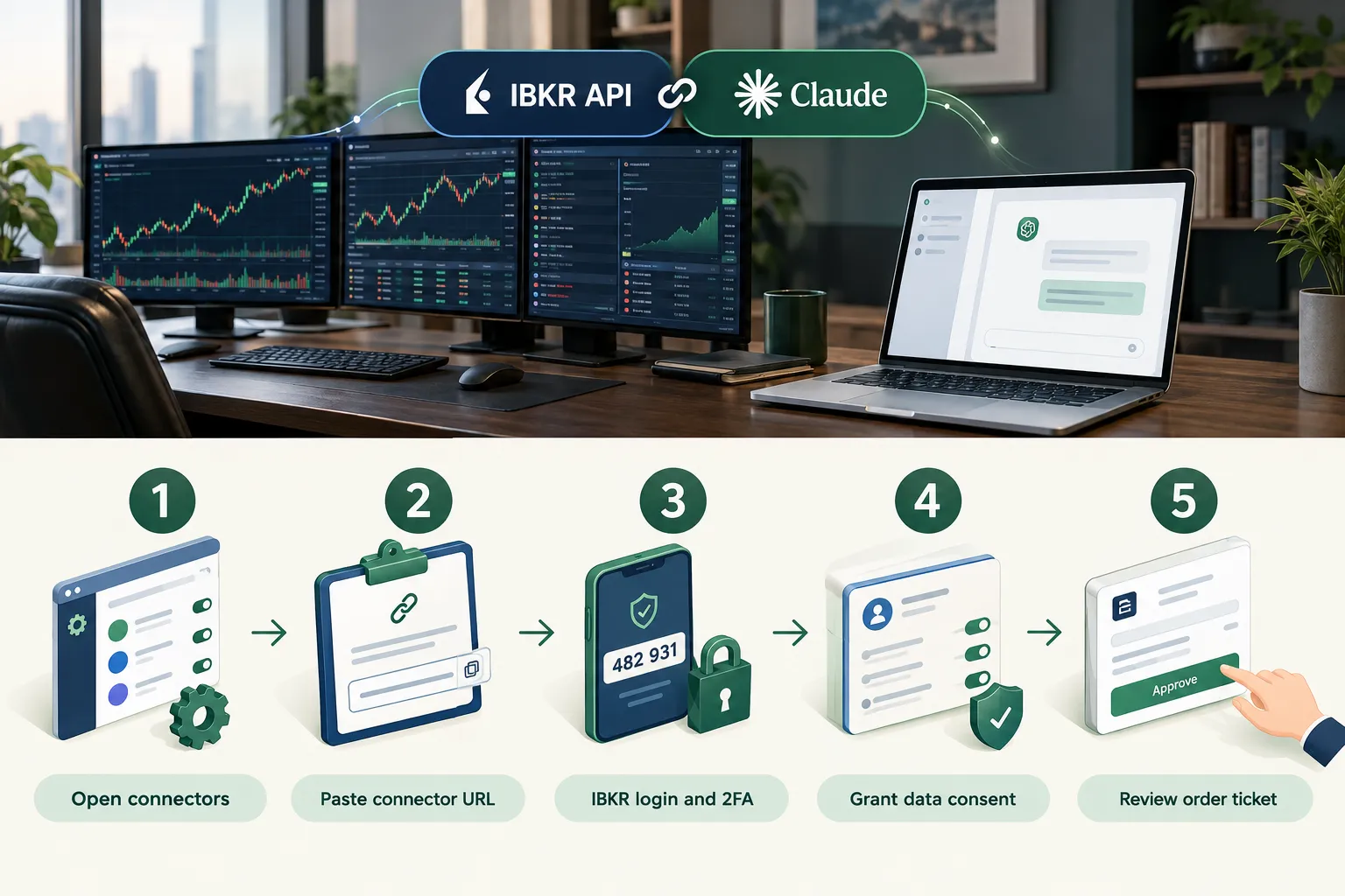 Five steps to connect Claude to IBKR: open connectors, paste connector URL, IBKR login and 2FA, grant data consent, review order ticket