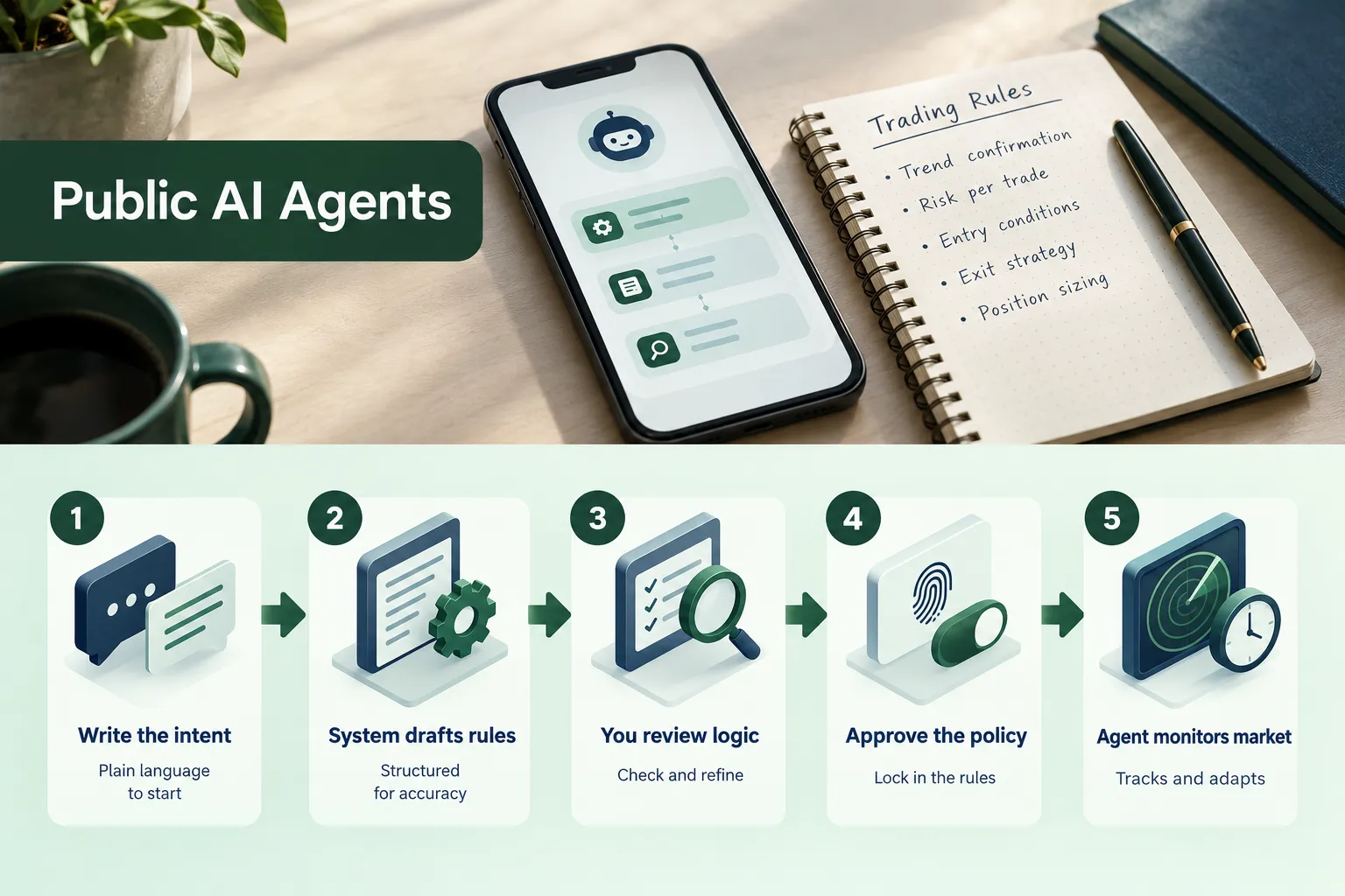 How Public rule-based agents work: write the intent, system drafts rules, you review, approve the policy, agent monitors the market