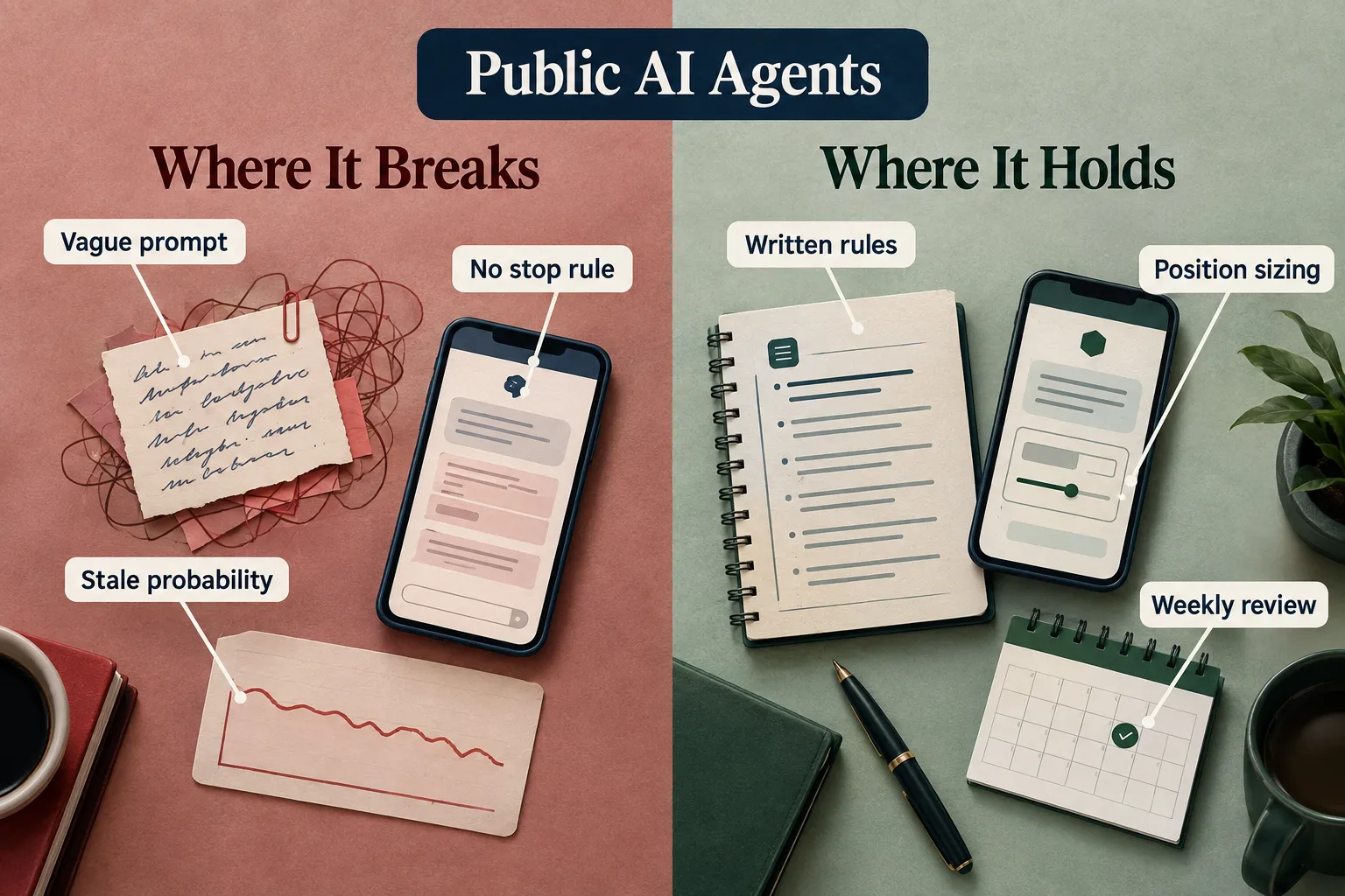 Where AI trading agents break, with vague prompts and no stop rule, versus where they hold, with written rules, position sizing and weekly review