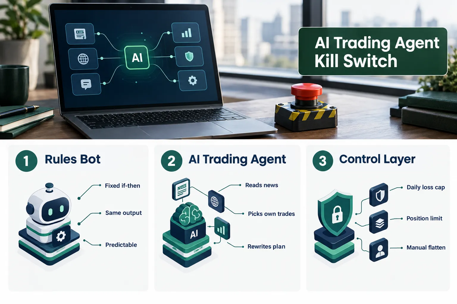 Rules bot versus AI trading agent versus a separate control layer with daily loss cap, position limit and manual flatten