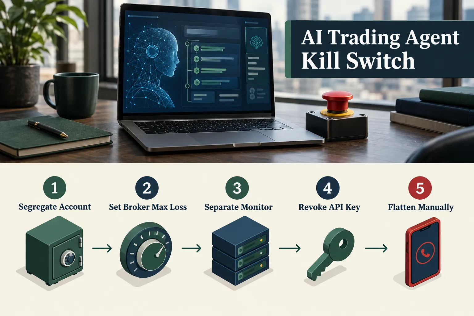 Five step external kill switch: segregate the account, set a broker max loss, run a separate monitor, revoke the API key, flatten manually