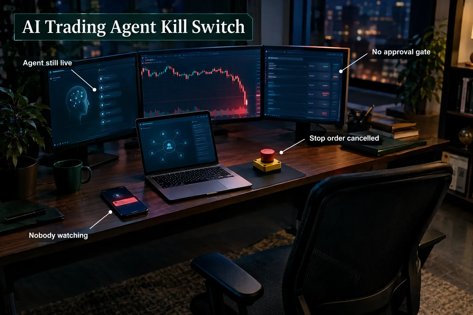 Night trading desk where an AI agent is still live with no approval gate, a cancelled stop order and nobody watching
