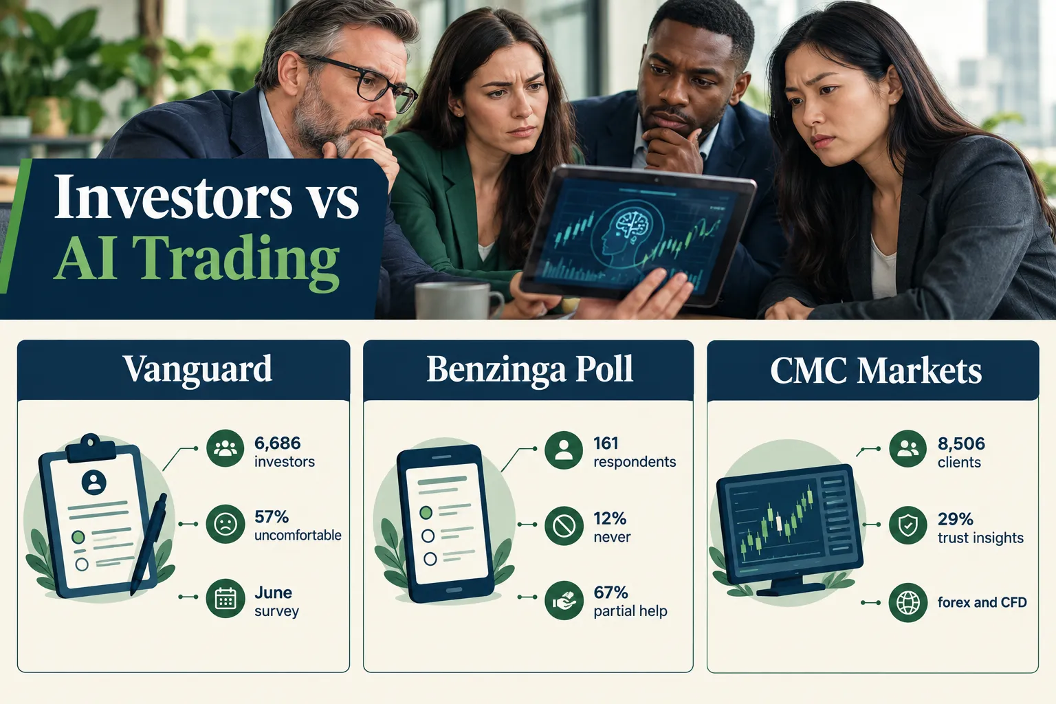 Three 2026 investor surveys on AI trading: Vanguard 6,686 investors, Benzinga poll of 161 and CMC Markets 8,506 clients