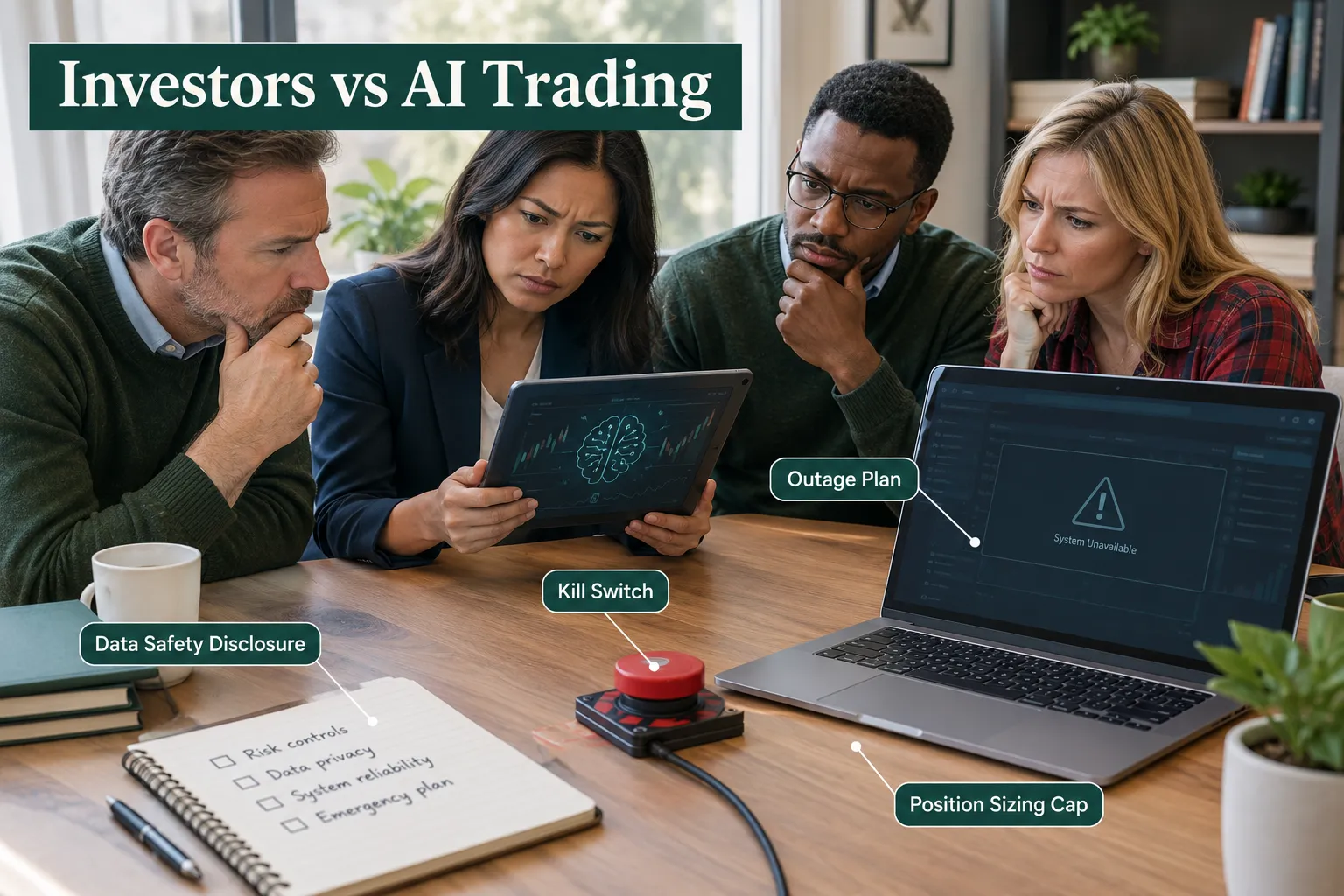 AI trading safety checklist on a desk: data safety disclosure, kill switch, outage plan and position sizing cap