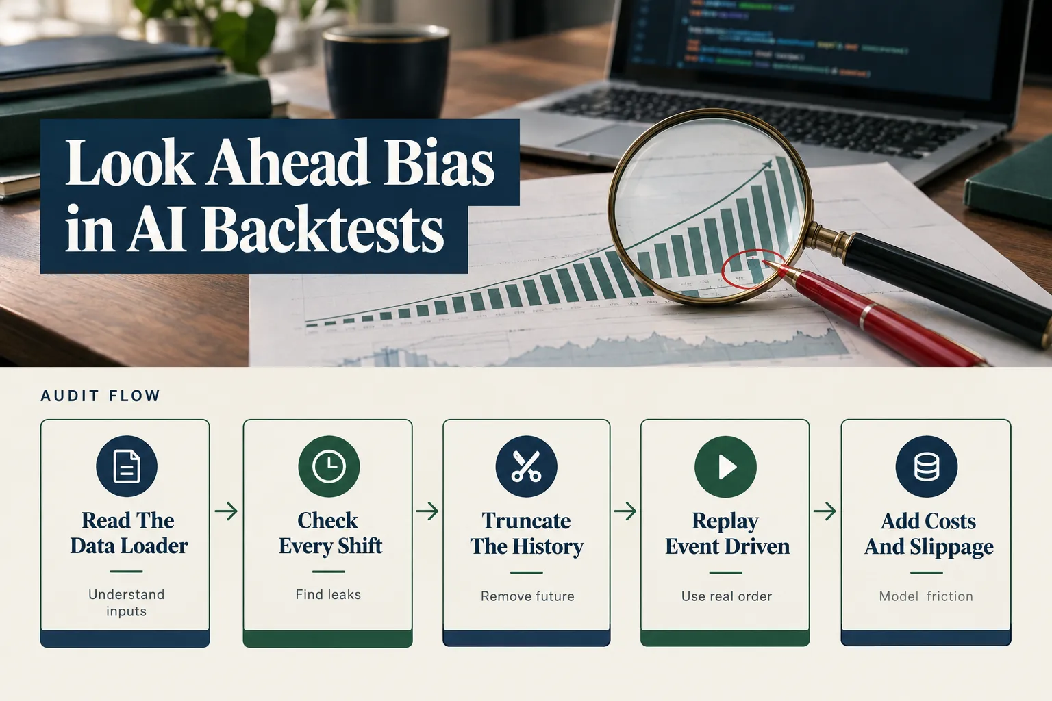 Five-step backtest audit flow for look ahead bias: read the data loader, check every shift, truncate the history, replay event driven, add costs and slippage