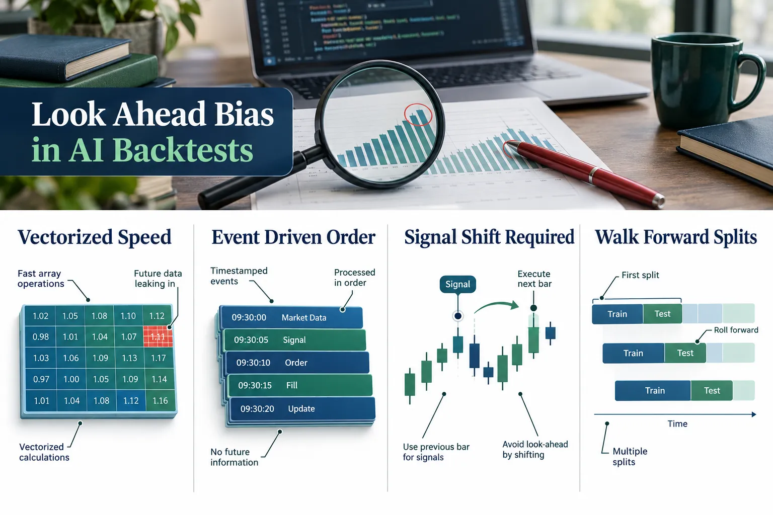 Diagram comparing vectorized speed, event driven order, required signal shift and walk forward splits in Python backtesting frameworks