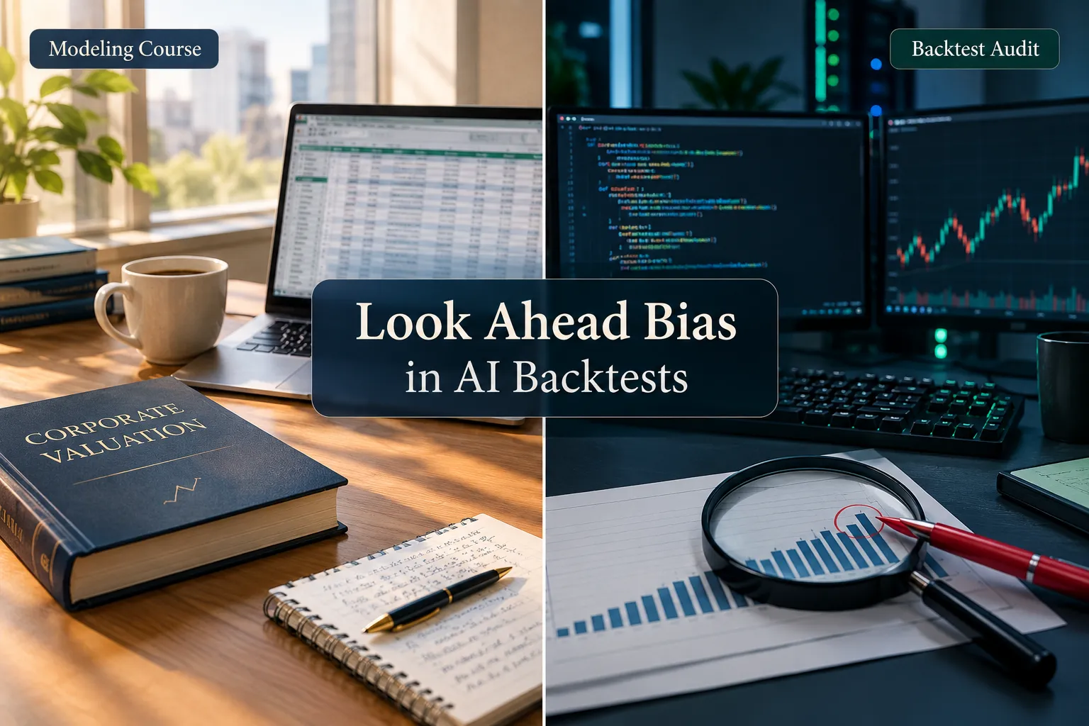 Split scene contrasting a financial modeling course workspace with a backtest audit setup of code, charts and a magnifying glass