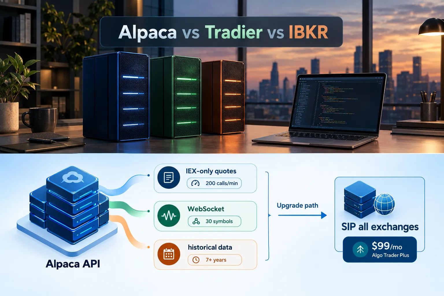 Diagram of the Alpaca API free tier with IEX-only quotes at 200 calls per minute, 30 WebSocket symbols and 7+ years of history, upgrading to SIP all exchanges at $99 a month