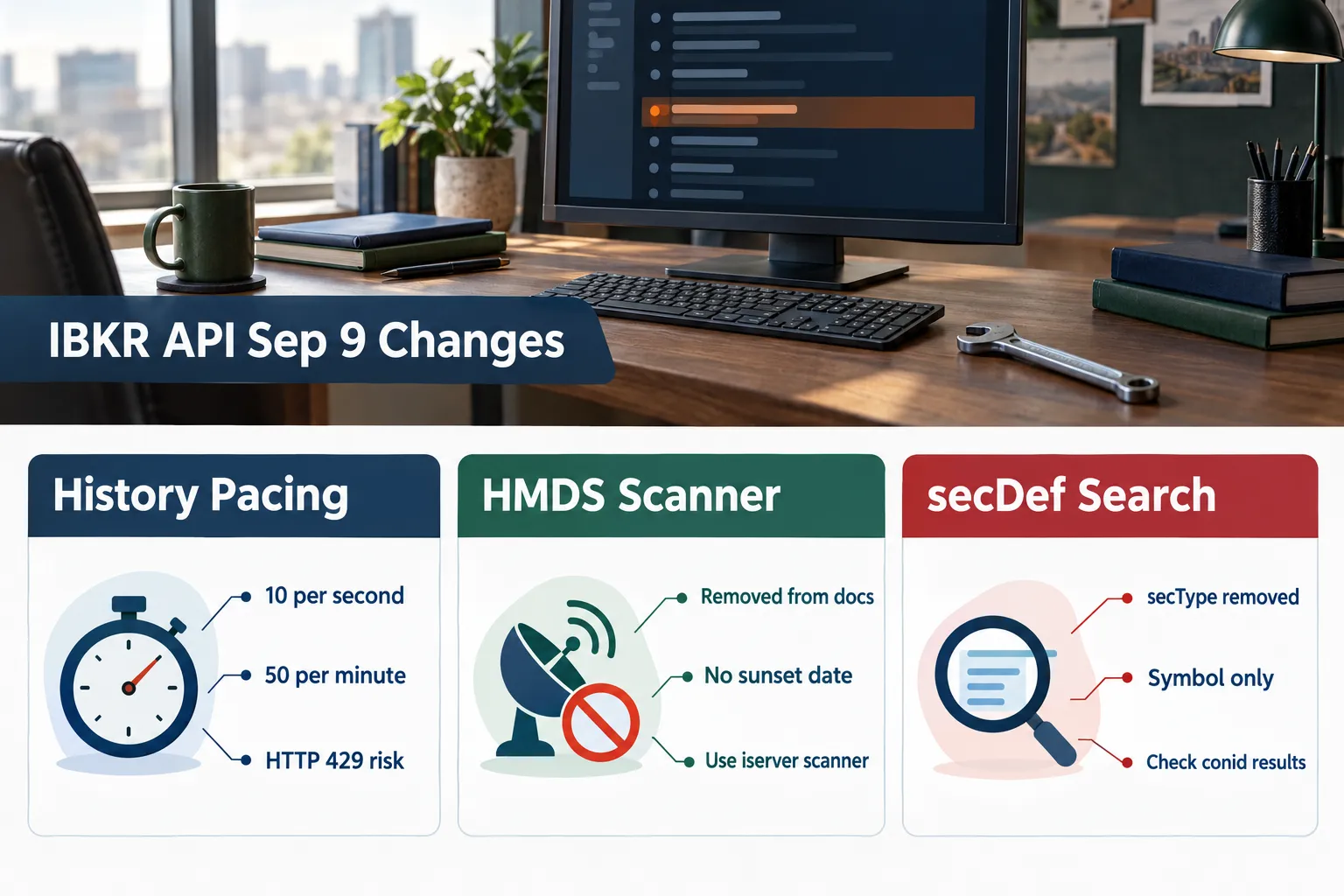 IBKR Sep 9 changes infographic: history pacing 10 per second or 50 per minute, HMDS scanner removed from docs, secType removed from secdef search