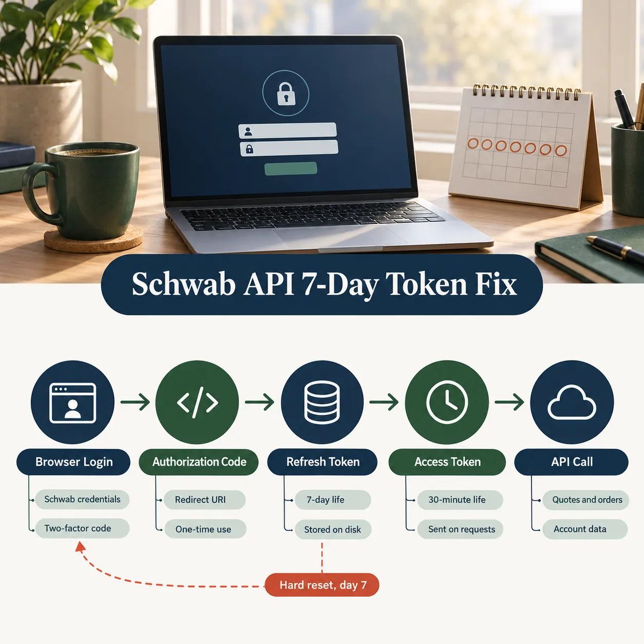 Schwab API token flow from browser login and authorization code to a 7-day refresh token and 30-minute access token, with a hard reset on day 7