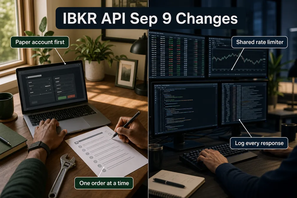 Trader testing an IBKR bot with a paper account first, one order at a time, a shared rate limiter and logging every response