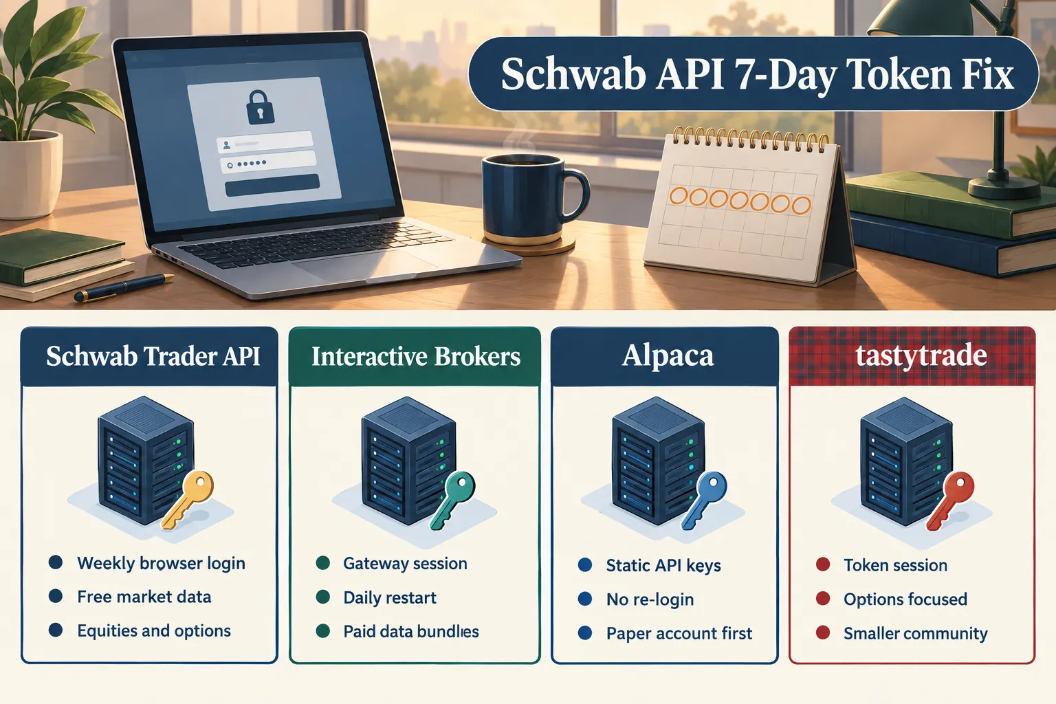 Comparison cards for Schwab Trader API weekly browser login, Interactive Brokers daily gateway restart, Alpaca static API keys and tastytrade token session