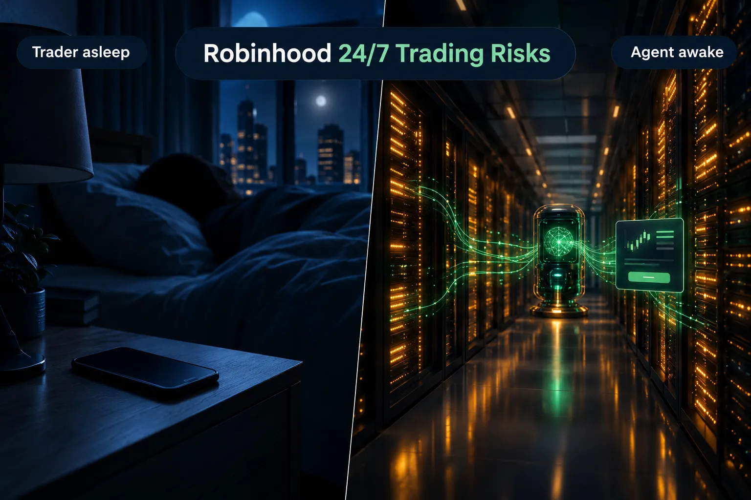 Split scene of a trader asleep at night while an AI trading agent stays awake in a server room