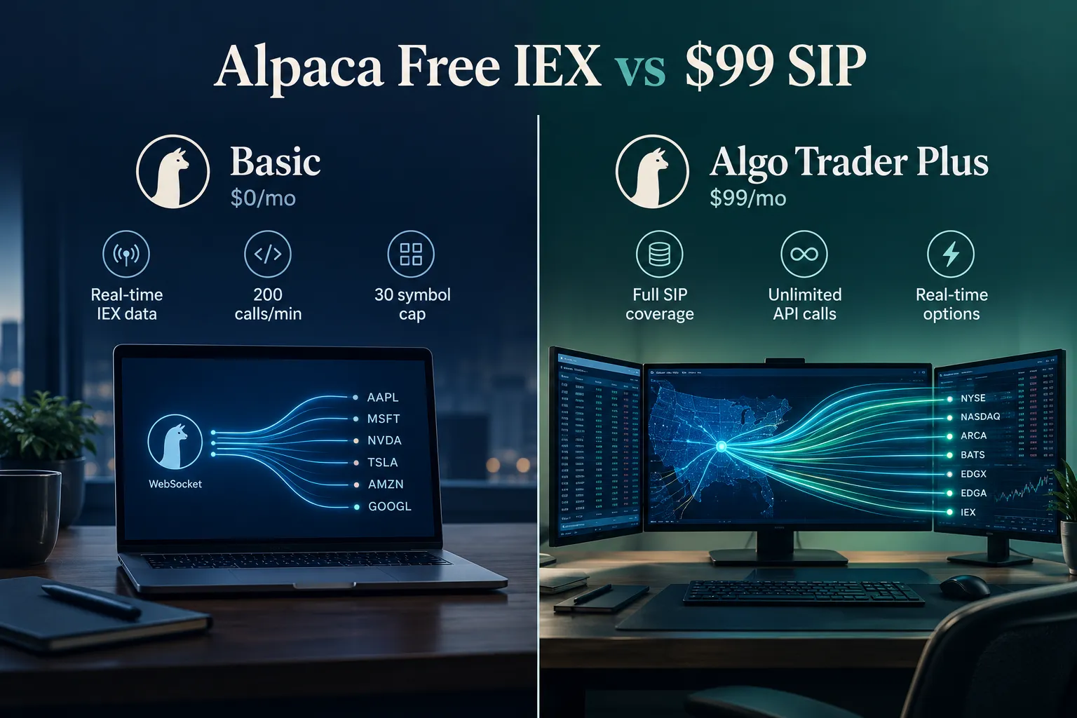 Alpaca Basic plan at $0 a month with real-time IEX data, 200 calls per minute and a 30 symbol cap versus Algo Trader Plus at $99 a month with full SIP, unlimited calls and real-time options