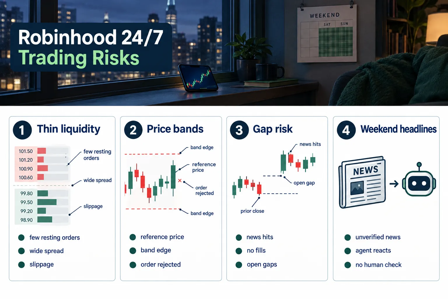 Four overnight trading risks: thin liquidity, price bands that reject orders, gap risk at the open, and weekend headlines hitting an agent