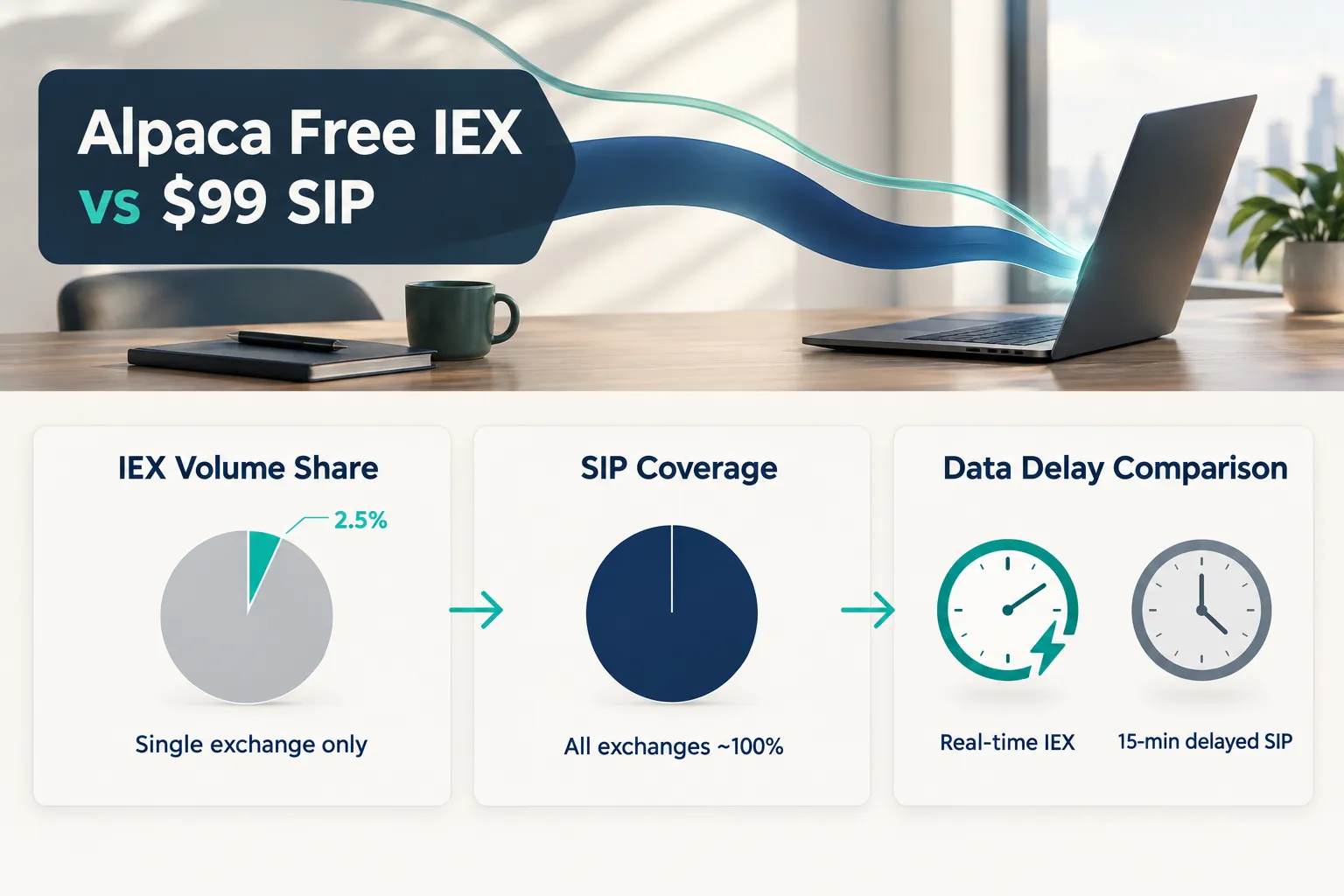 Charts comparing IEX at about 2.5% of US volume with SIP coverage near 100%, plus real-time IEX versus 15-minute delayed SIP