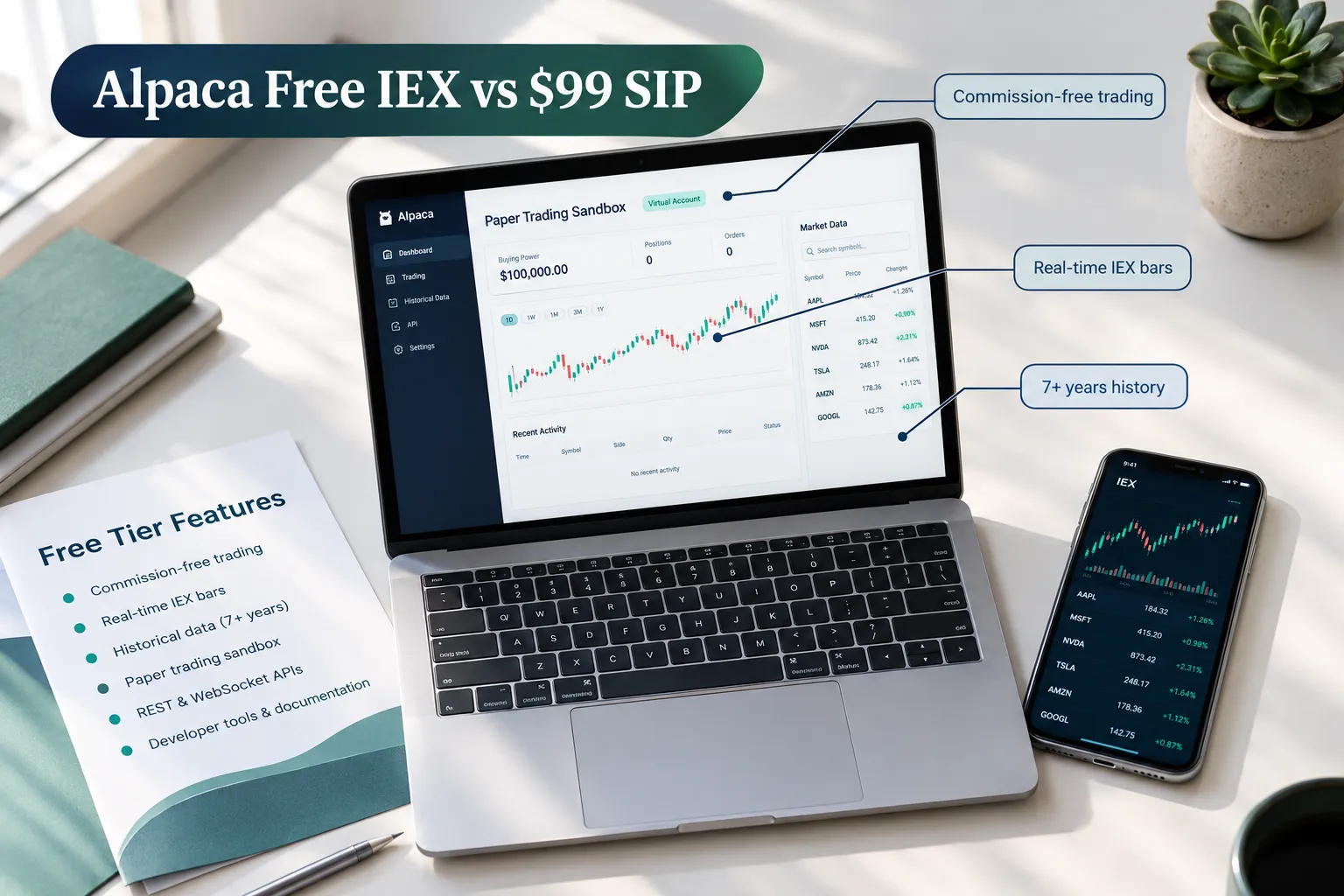 Laptop showing a paper trading sandbox with free tier features listed, including commission-free trading, real-time IEX bars and 7+ years of history