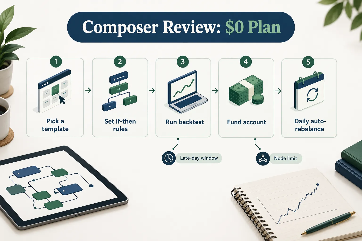Composer workflow in five steps: pick a template, set if-then rules, run backtest, fund account, daily auto-rebalance