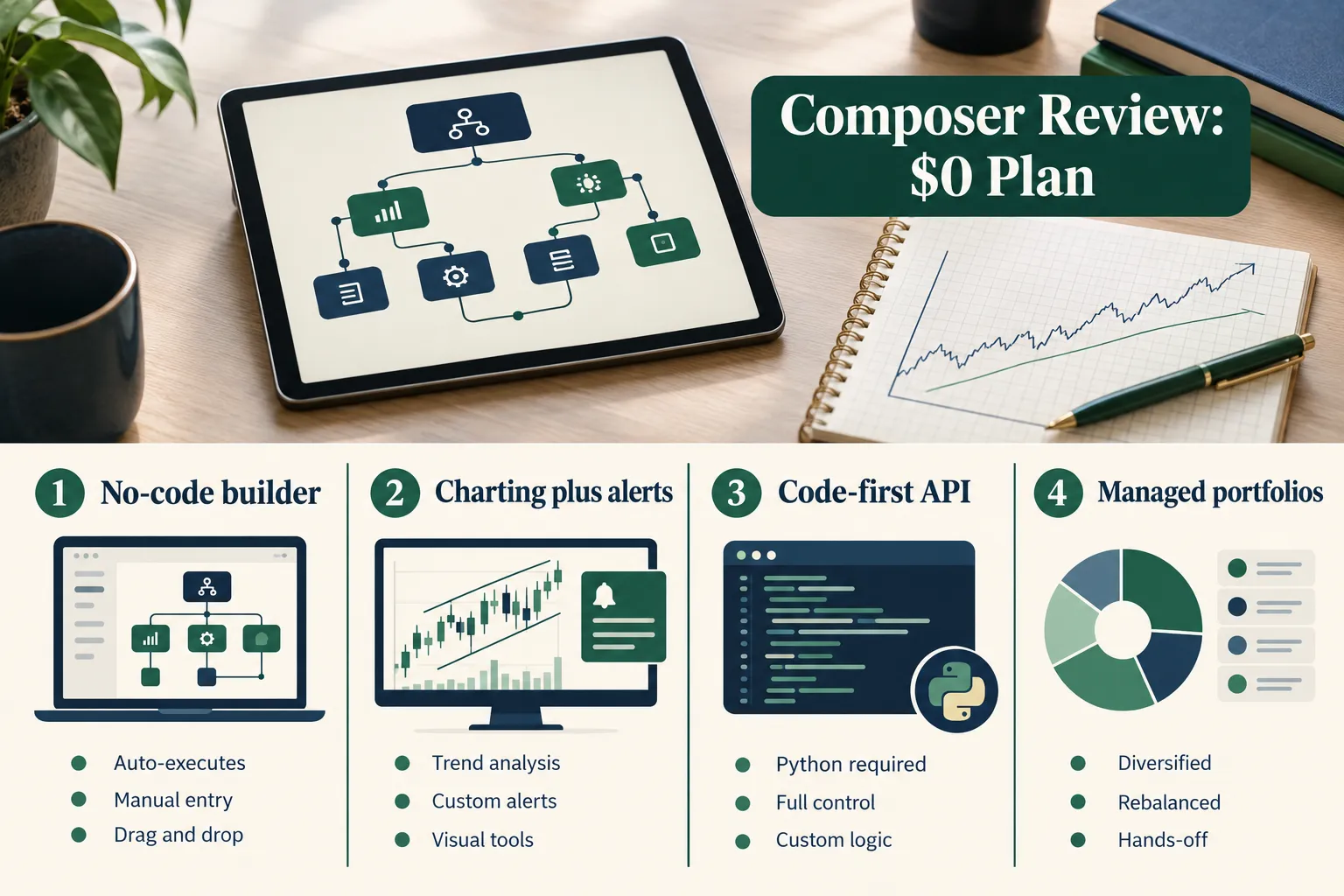 Platform categories compared: no-code builder, charting plus alerts, code-first API, and managed portfolios