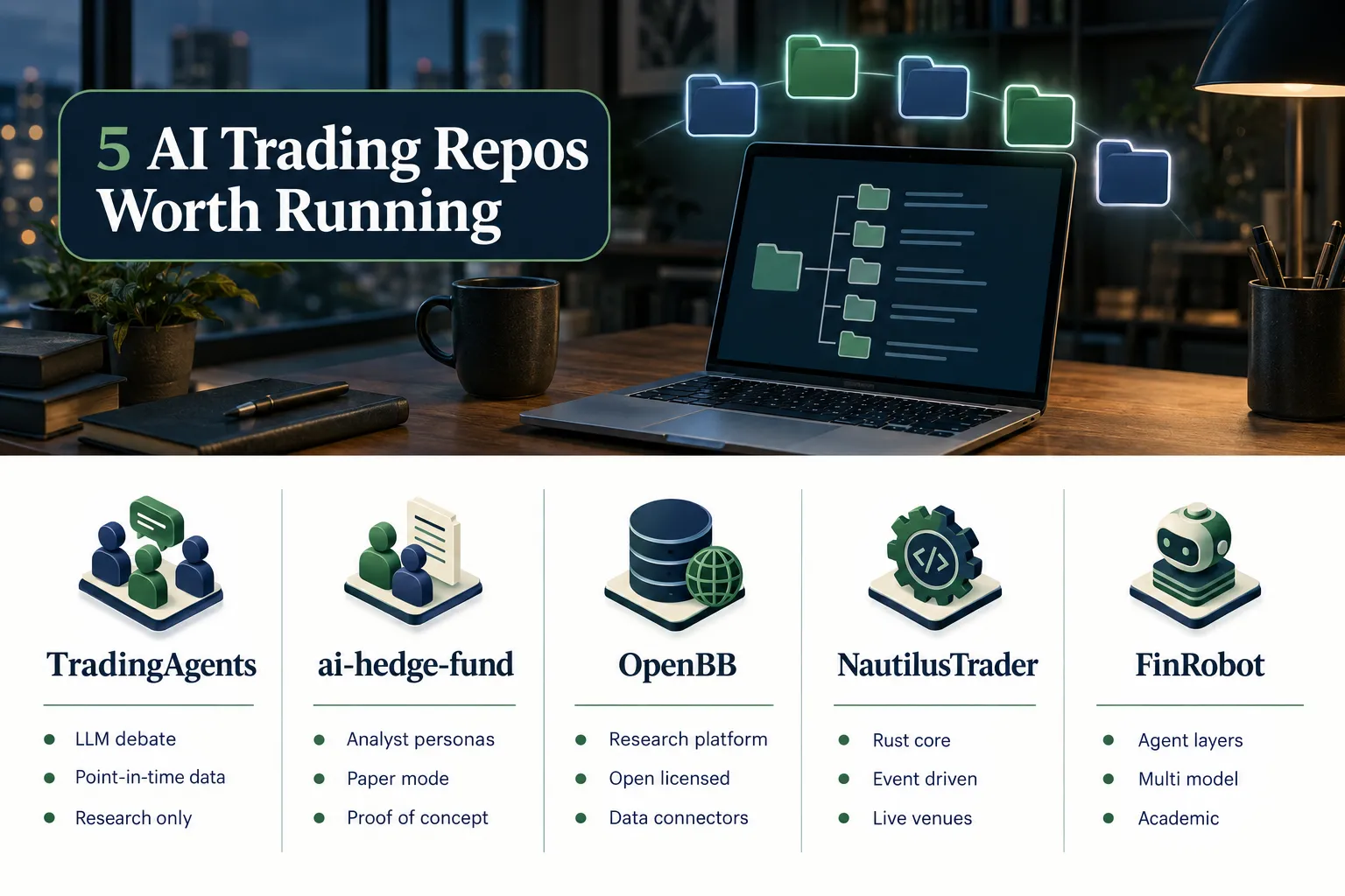 Five AI trading repos compared: TradingAgents, ai-hedge-fund, OpenBB, NautilusTrader and FinRobot with key traits