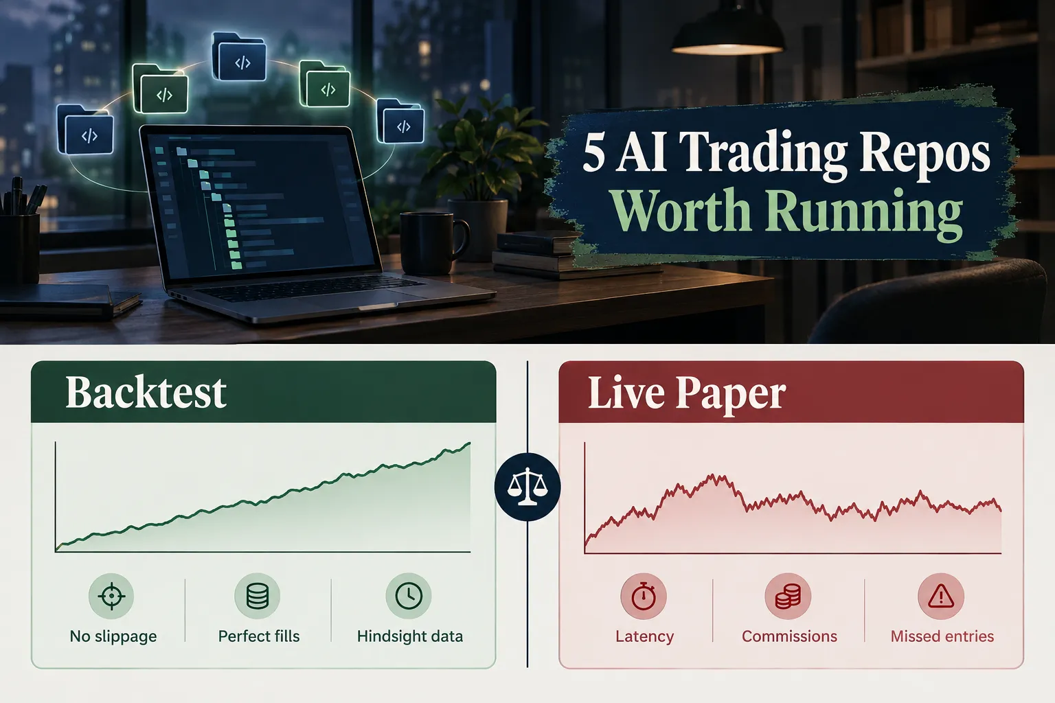 Backtest equity curve versus live paper trading curve showing slippage, commissions and missed entries